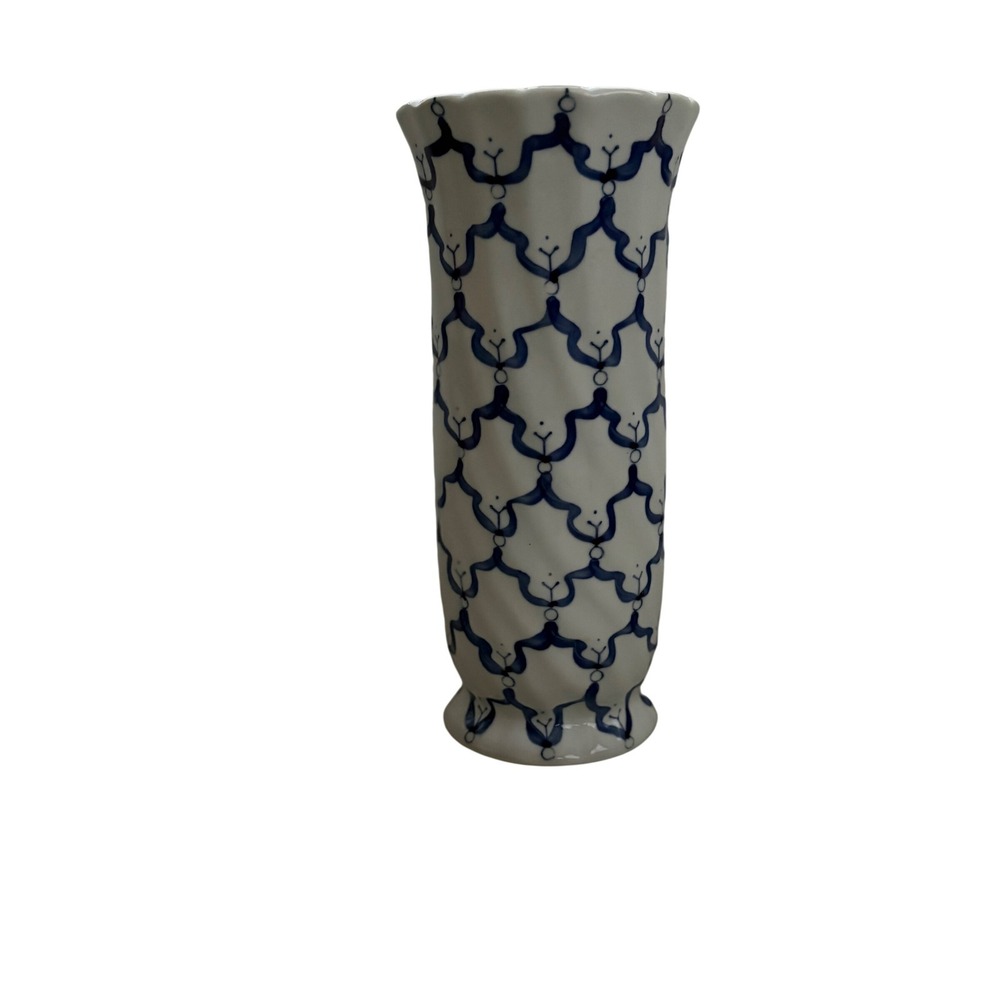 Blue and White Ceramic Trellis Cylinder Vase Scalloped Rim 11.5 Inch Flowers